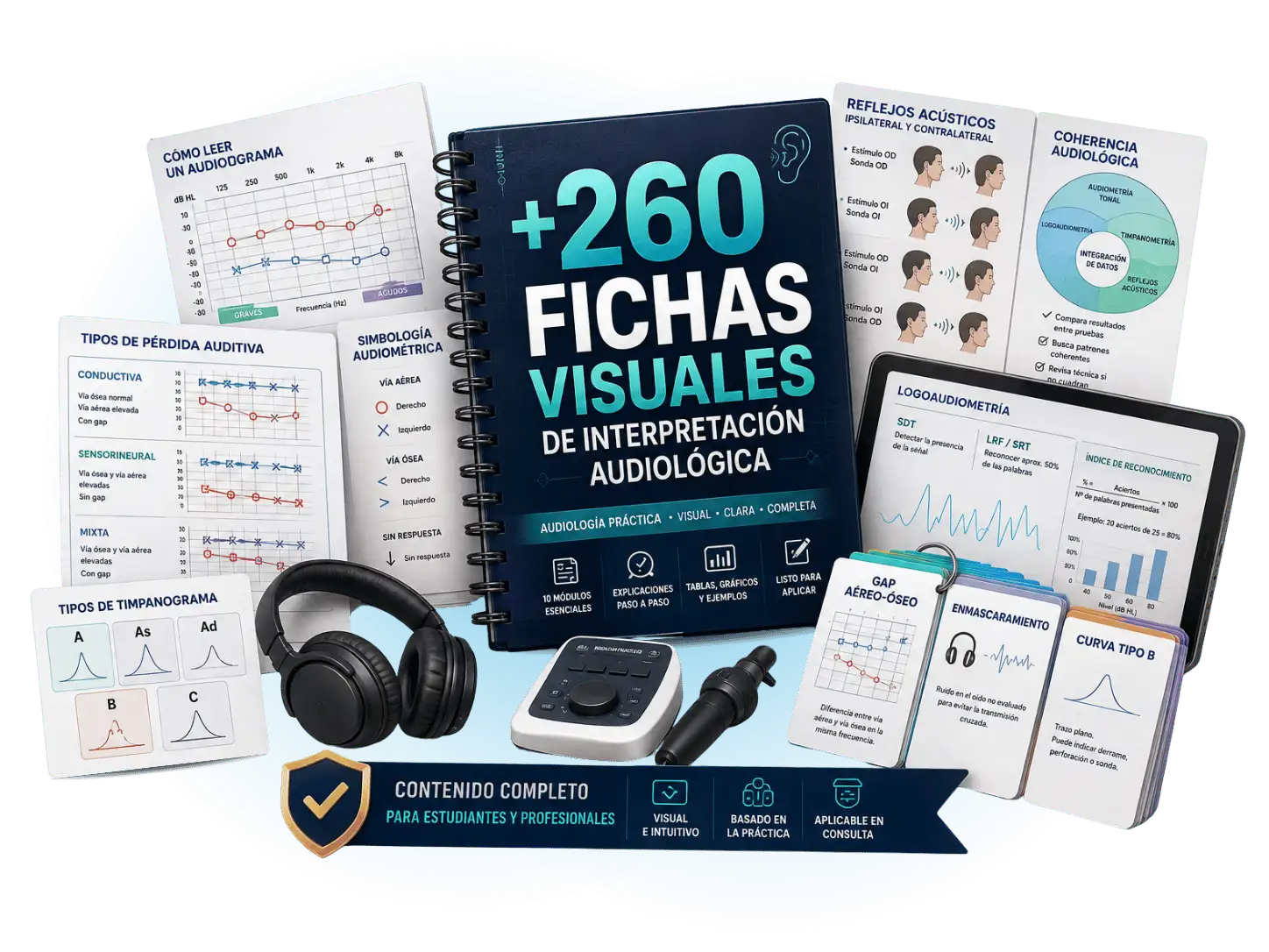 Mockup del material: +260 fichas visuales de interpretación audiológica